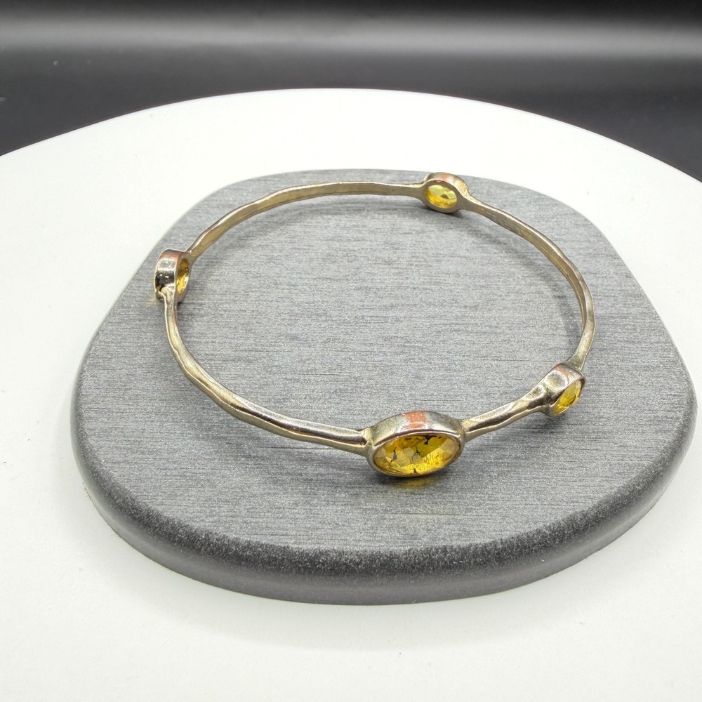 Yellow Crystal Silver Tone Bangle Bracelet Bezel Set Boho Statement Jewelry